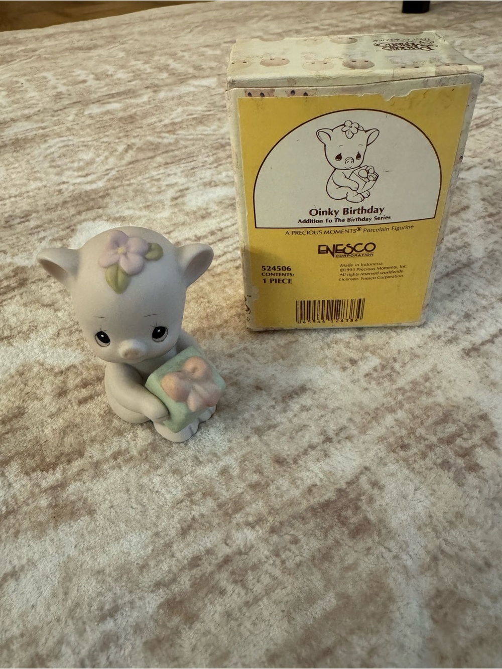 Enesco Oinky Birthday Porcelain Pig Figurine in White with Pastel Accents